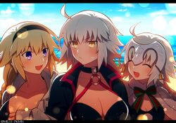  3girls ahoge beach bikini bikini_top_only black_bikini black_jacket blonde_hair blue_eyes blush braid breasts choker cleavage closed_eyes collarbone commentary_request embarrassed fate/grand_order fate_(series) hairband hood jacket jeanne_d&#039;arc_(fate) jeanne_d&#039;arc_(swimsuit_archer)_(fate) jeanne_d&#039;arc_(swimsuit_archer)_(first_ascension)_(fate) jeanne_d&#039;arc_alter_(fate) jeanne_d&#039;arc_alter_(swimsuit_berserker)_(fate) jeanne_d&#039;arc_alter_santa_lily_(fate) jeanne_d&#039;arc_alter_santa_lily_(summer_little)_(fate) large_breasts long_hair looking_at_another looking_at_viewer meiji_ken multiple_girls o-ring open_mouth outdoors shrug_(clothing) single_braid sky smile swimsuit twitter_username upper_body very_long_hair white_hair yellow_eyes 