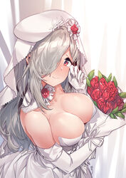  alternate_costume aningay bouquet breasts bride cleavage collarbone commentary dress elbow_gloves female flower g36c_(girls&#039;_frontline) g36c_(you_who_steps_up)_(girls&#039;_frontline) girls&#039;_frontline gloves hair_over_one_eye highres holding holding_bouquet large_breasts long_hair looking_at_viewer md5_mismatch official_alternate_costume red_eyes resolution_mismatch solo source_larger wedding_dress white_dress white_gloves white_hair 