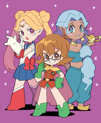  3girls aladdin_(disney) arabian_clothes batman_(series) bishoujo_senshi_sailor_moon blonde_hair blue_eyes blue_shirt boots bow braid brown_eyes brown_hair cape choker commentary_request cosplay dc_comics double_bun earrings facial_mark glasses gloves green_gloves grin hair_bun harem_pants jasmine_(disney) jasmine_(disney)_(cosplay) jewelry lamp long_hair look-alike magical_girl miyata_(lhr) multi-tied_hair multiple_girls off-shoulder_shirt off_shoulder open_mouth pants pidge_gunderson pleated_skirt pointy_ears princess_allura purple_eyes reverse_trap robin_(dc) robin_(dc)_(cosplay) romelle sailor_collar sailor_moon sailor_moon_(cosplay) sailor_senshi_uniform shirt skirt smile sparkle tsuki_ni_kawatte_oshioki_yo twintails voltron:_legendary_defender voltron_(series) white_gloves white_hair 