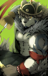  2017 abs absurd_res anthro biceps canid canine canis clothed clothing digital_media_(artwork) fur hi_res kemono lifewonders male mammal mongolian mongolian_clothing muscular muscular_anthro muscular_male pecs solo tach8 tattoo temujin_(tas) tokyo_afterschool_summoners wolf 