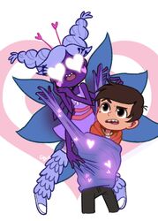  1boy alternate_form antennae brown_eyes brown_hair dress facial_mark female guuuunya_(kay072527) heart heart_eyes highres marco_diaz mole multiple_arms multiple_wings purple_hair purple_skin star_butterfly star_vs_the_forces_of_evil twintails wings 