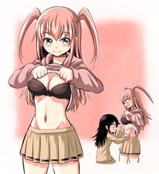  2girls :d black_bow black_bra black_hair blush bow bow_bra bra breasts cleavage clothes_lift colorized commentary cowboy_shot from_side graphite_(medium) green_eyes hands_on_another&#039;s_stomach highres hood hoodie hoodie_lift kuroki_tomoko lifting_own_clothes long_hair medium_breasts multiple_girls multiple_views navel nemoto_hina open_mouth pink_background pink_hair pleated_skirt profile school_uniform shirt_lift single_stripe skirt smile stomach sweatdrop tears teeth traditional_media two_side_up underwear v-shaped_eyebrows watashi_ga_motenai_no_wa_dou_kangaetemo_omaera_ga_warui! yuri zatou_(kirsakizato) 