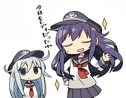  2girls akatsuki_(kancolle) bad_id bad_twitter_id blank_eyes closed_eyes commentary_request flat_cap hat hibiki_(kancolle) ichininmae_no_lady inactive_account kanikama kantai_collection long_hair long_sleeves messy_hair multiple_girls neckerchief pleated_skirt red_neckerchief school_uniform serafuku skirt sparkle sweatdrop translated 