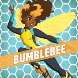  brown_eyes brown_hair bumble_bee character_name dark_skin dc_comics female flying honeycomb_pattern insect_wings karen_beecher long_sleeves open_mouth smile solo two-tone_hair wings 