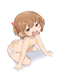  bikini bow brown_eyes brown_hair bubukka collarbone eyebrows_visible_through_hair female female from_above from_below full_body hairbow lolicon looking_at_viewer looking_up marui_mitsuba mitsudomoe open_mouth side-tie_bikini simple_background solo swimsuit upper_teeth white_background 