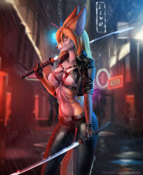  2019 5_fingers accessory anthro black_nose breasts butterfly_clip canid canine city clothed clothing elvofirida eyewear facial_piercing female fennec_fox fingers fox glasses hair_accessory hairclip hi_res holding_object holding_weapon kaiyonato mammal melee_weapon midriff navel outside piercing raining solo standing sword true_fox weapon 