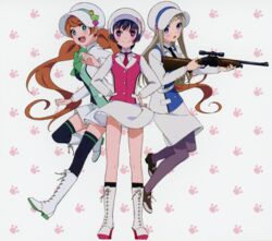  gun heels skirt_lift tagme thighhighs tsubaki_kureha yuri_kuma_arashi yurigasaki_ruru yurishiro_ginko 