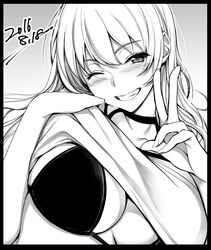  bikini blush breasts cleavage clothes_lift commentary_request dated female greyscale grin huge_breasts long_hair looking_at_viewer monochrome one_eye_closed original shirt_lift smile solo swimsuit teeth v warabino_matsuri 