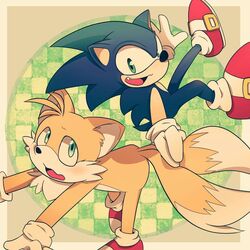  1:1 anthro blue_eyes blush canid canine chest_tuft clothing duo eulipotyphlan footwear fox gloves green_eyes handwear hedgehog hi_res kemoizumi male mammal open_mouth sega shoes sonic_the_hedgehog sonic_the_hedgehog_(series) tail tail_grab tails tuft 