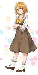  ama-tou blush bobby_socks bow braid breasts brown_eyes brown_footwear brown_hair brown_skirt brown_vest closed_mouth collarbone commentary_request female full_body high_heels highres long_sleeves looking_at_viewer natsuki_hinata own_hands_together puffy_long_sleeves puffy_sleeves shirt shoes side_braid skirt small_breasts socks solo tonari_no_kyuuketsuki-san twin_braids vest white_background white_shirt white_socks wide_sleeves yellow_bow 