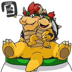  1:1 2016 3_toes 4_fingers black_eyes blush bowser bowser_jr. bowserboy101 bracelet claws digital_media_(artwork) fangs father_(lore) father_and_child_(lore) father_and_son_(lore) featureless_crotch feet fingers green_body green_scales hair hand_on_body happy hi_res horn jewelry koopa looking_at_viewer male mario_bros nintendo one_eye_closed open_mouth parent_(lore) parent_and_child_(lore) parent_and_son_(lore) red_hair scales scalie signature simple_background sitting size_difference son_(lore) spiked_bracelet spikes tan_body tan_scales teeth toes white_background wink yellow_body yellow_scales young 