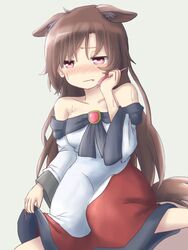  animal_ears bare_shoulders blush breasts brown_hair clothes_lift collarbone commentary_request dadamori dress dress_lift extra_ears female fingernails hot imaizumi_kagerou long_fingernails long_hair long_sleeves medium_breasts nose_blush off_shoulder red_eyes solo sweat tail touhou wolf_ears wolf_tail 