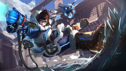  aiming aiming_at_viewer coat commentary dated english_commentary female fur_coat fur_trim glasses gun hair_bun hair_ornament hair_stick highres ice looking_at_viewer md5_mismatch mei_(overwatch) mixed-language_commentary overwatch overwatch_1 parted_lips photoshop_(medium) resolution_mismatch single_hair_bun smile snow_boots solo source_smaller vafar7 weapon 