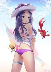  ass bad_id bad_pixiv_id bare_shoulders bikini black_hair blue_eyes blush bow butt_crack caitlyn_(league_of_legends) commentary crab dduck_kong female flat_ass from_behind hat highres league_of_legends long_hair looking_at_viewer looking_back nail_polish off_shoulder patrick_star photoshop_(medium) pool_party_(league_of_legends) pool_party_caitlyn purple_bikini purple_nails solo spongebob_squarepants spongebob_squarepants_(series) sun_hat sunglasses swimsuit tan tanlines water_gun 