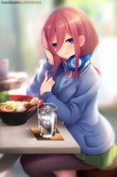  absurdres artist_name blue_cardigan blue_eyes breasts brown_hair cardigan closed_mouth commentary female food glass go-toubun_no_hanayome hair_between_eyes headphones headphones_around_neck highres indoors kaho_okashii large_breasts legs long_sleeves looking_at_viewer medium_hair nakano_miku pantyhose shirt sitting skirt smile solo table thighs water 