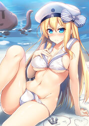  &gt;:( alternate_costume arm_support beach bikini bismarck_(kancolle) blonde_hair blue_eyes blush breasts cleavage collarbone commentary_request cosplay day female frown groin hair_between_eyes hand_on_own_chest hat heart highres kantai_collection knee_up large_breasts looking_at_viewer md5_mismatch navel outdoors raiou sailor_bikini sailor_collar sand sand_writing sitting solo stomach sweatdrop swimsuit thighs underboob untied_bikini v-shaped_eyebrows water white_bikini white_hat z3_max_schultz_(kancolle) z3_max_schultz_(kancolle)_(cosplay) z3_max_schultz_(swimsuit_mode)_(kancolle) 