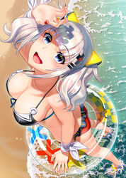  adapted_costume ass bare_shoulders beach bikini blue_eyes blunt_bangs breasts cleavage collarbone commentary_request female frilled_bikini frills from_above hair_ornament hairclip halterneck highres innertube kaguya_luna large_breasts long_hair looking_at_viewer looking_up multicolored_nails nail_polish ocean open_mouth photoshop_(medium) sand sandals sideboob sidelocks smile solo standing sugaishi swim_ring swimsuit the_moon_studio thighs twintails virtual_youtuber wading water waves white_hair x_hair_ornament 