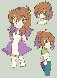  brown_eyes brown_hair chibi commentary_request dress female hairband looking_back miyata_(lhr) multiple_views pidge_gunderson shirt side_ponytail smile t-shirt tears voltron:_legendary_defender voltron_(series) 