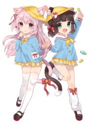  2girls :d animal_ear_fluff animal_ears arm_up azur_lane bell blue_shirt blush bow bowtie brown_footwear brown_hair candy candy_wrapper cat_ears cat_girl cat_tail commentary ears_through_headwear fingernails food green_eyes hair_between_eyes hair_ribbon hand_up hat highres holding holding_candy holding_food holding_lollipop intertwined_tails jingle_bell kindergarten_uniform kisaragi_(azur_lane) lollipop long_hair long_sleeves loose_socks low_twintails mary_janes multiple_girls mutsuki_(azur_lane) neckerchief oerba_yun_fang one_side_up open_mouth orqz parted_lips pink_hair pleated_skirt purple_eyes red_bow red_ribbon ribbon school_hat shirt shoes simple_background skirt sleeves_past_wrists smile socks standing standing_on_one_leg tail tail_bell tail_bow tail_ornament thighhighs twintails very_long_hair white_background white_socks white_thighhighs yellow_bow yellow_bowtie yellow_hat yellow_neckerchief yellow_skirt 