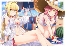  2girls ahoge all_fours animal_ear_fluff animal_ears beach_umbrella bead_bracelet beads bikini bikini_under_clothes blue_bikini bracelet breasts cleavage collarbone commentary_request criss-cross_halter day earrings ears_through_headwear fate/grand_order fate_(series) food fox_ears fox_girl fox_tail fruit green_eyes groin ha-ru halterneck hat innertube jewelry large_breasts long_legs multiple_girls nature navel nero_claudius_(fate) nero_claudius_(swimsuit_caster)_(fate) nero_claudius_(swimsuit_caster)_(third_ascension)_(fate) no_pants ocean outdoors parasol photoshop_(medium) pink_hair red_bikini shirt side-tie_bikini_bottom straw_hat striped_bikini striped_clothes swim_ring swimsuit t-shirt tail tamamo_(fate) tamamo_no_mae_(swimsuit_lancer)_(fate) tamamo_no_mae_(swimsuit_lancer)_(second_ascension)_(fate) towel umbrella water watermelon wet wet_clothes wet_shirt yellow_eyes 