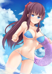  3: bikini blue_bikini blue_eyes blue_sky blush breasts cleavage cloud collarbone commentary_request cowboy_shot day dutch_angle female floral_print front-tie_top hair_ornament holding innertube large_breasts lens_flare long_hair looking_at_viewer md5_mismatch mole mole_on_breast navel neneru new_game! ocean outdoors ponytail purple_hair resolution_mismatch sidelocks sky solo source_larger swim_ring swimsuit takimoto_hifumi wading water wet 