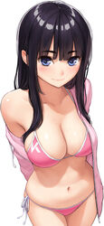  arms_behind_back bikini black_hair blue_eyes blunt_bangs blush breasts cleavage closed_mouth collarbone cowboy_shot female homunculus_(alchemynote) jacket large_breasts long_hair looking_at_viewer navel off_shoulder open_clothes open_jacket original photoshop_(medium) pink_bikini side-tie_bikini_bottom sidelocks simple_background smile solo stomach string_bikini sweat swimsuit white_background 