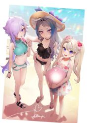  1boy 2girls :d absurdres bad_id bad_pixiv_id bare_legs barefoot beach bikini black_bikini blonde_hair bracelet breasts bulge commentary day die_(ohisashiburi) dress floral_print flower food full_body hair_flower hair_ornament hair_over_one_eye hairclip hand_on_own_hip hat herme_(ohisashiburi) highres jewelry long_hair long_legs looking_at_viewer multiple_girls nail_polish ocean ohisashiburi open_mouth original otoko_no_ko outdoors outside_border parted_lips pink_eyes popsicle print_dress purple_eyes purple_hair purple_hair_girl_(ohisashiburi) red_nails sandals shadow shorts small_breasts smile standing sun_hat sundress swimsuit tankini tareme toenail_polish toenails tongue tongue_out tsurime twintails very_long_hair 