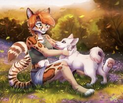  2017 anthro barefoot brown_hair canid canine canis clothed clothing day detailed_background digital_media_(artwork) domestic_dog duo feet felid feline female feral fur grass hair ketty leopardus mammal margay outside pale_eyes paws pink_nose plant smile vika_(f-r95) white_body white_fur 