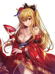  alcohol bare_shoulders blonde_hair bow breasts brown_eyes cleavage collarbone commentary_request cup english_commentary female flower granblue_fantasy hair_flower hair_ornament hairbow highres japanese_clothes kimono large_breasts long_hair looking_at_viewer mixed-language_commentary off_shoulder official_alternate_costume photoshop_(medium) ponytail runa_(user_guwn7382) sakazuki sake solo vira_(granblue_fantasy) vira_(scarlet_camellia_kimono)_(granblue_fantasy) white_background yukata 