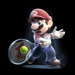  1boy ball highres male_focus mario mario_(series) mario_sports_superstars official_art racket solo tennis_ball tennis_racket 