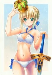  artoria_pendragon_(fate) artoria_pendragon_(swimsuit_archer)_(fate) artoria_pendragon_(swimsuit_archer)_(first_ascension)_(fate) bikini blonde_hair braid commentary_request crown fate/grand_order fate/stay_night fate_(series) female green_eyes long_hair marker_(medium) navel solo standing swimsuit sword traditional_media weapon yuto_takumi 