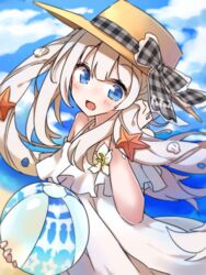  ball beachball blue_eyes cloud commentary_request day dress eyebrows fate/grand_order fate_(series) female hat long_hair looking_at_viewer looking_to_the_side marie_antoinette_(fate) marie_antoinette_(swimsuit_caster)_(fate) marie_antoinette_(swimsuit_caster)_(second_ascension)_(fate) ohitashi_netsurou open_mouth outdoors sand sky solo starfish water white_dress 