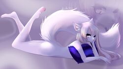  2018 anthro digital_media_(artwork) domestic_cat eyelashes felid feline felis female fur hi_res lying mammal nude on_front purple_eyes solo taykoe white_body white_fur 