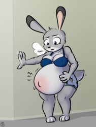  3_toes anthro barefoot belly belly_blush big_belly big_breasts blush bodily_fluids body_blush bra breasts clothed clothing colored dialogue digital_media_(artwork) disney feet female fur geckoguy123456789 grey_body grey_fur inside judy_hopps labor lagomorph leporid mammal navel paws pregnant pregnant_anthro pregnant_female quib rabbit simple_background solo sweat toes underwear zootopia 