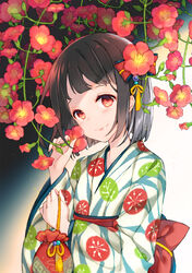  bow brown_hair closed_mouth collarbone commentary_request female fingernails flower hair_flower hair_ornament hairbow head_tilt highres holding holding_flower japanese_clothes juna kimono kinchaku long_hair long_sleeves looking_at_viewer obi original photoshop_(medium) pouch print_kimono red_bow red_eyes sash smile solo trumpet_creeper white_kimono wide_sleeves 