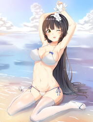  absurdres alternate_costume armpits arms_up bad_id bad_pixiv_id bare_shoulders beach bikini black_hair blue_sky blush breasts cameltoe cleavage cloud commentary_request covered_nipples day female fingerless_gloves flower girls&#039;_frontline gloves groin hair_flower hair_ornament hairband highres large_breasts long_hair looking_at_viewer navel ocean official_alternate_costume one_eye_closed open_mouth outdoors photoshop_(medium) sandals side-tie_bikini_bottom sitting skindentation sky smile solo stomach swimsuit thighhighs type_95_(girls&#039;_frontline) type_95_(summer_cicada)_(girls&#039;_frontline) very_long_hair white_bikini white_footwear white_gloves white_hairband white_thighhighs xue_lu yellow_eyes yokozuwari 