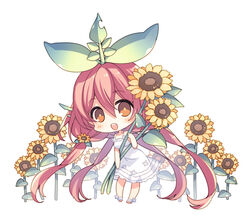  :d bare_arms bare_shoulders blush brown_eyes chibi commentary_request dress female flower granblue_fantasy hair_between_eyes hair_flower hair_ornament hugging_object leaf leaning_forward long_hair mizuno_sao monster_girl open_mouth pink_hair plant_girl quad_tails round_teeth simple_background sleeveless sleeveless_dress smile solo standing sunflower teeth upper_teeth_only very_long_hair white_background white_dress white_footwear yellow_flower yggdrasil_(granblue_fantasy) 