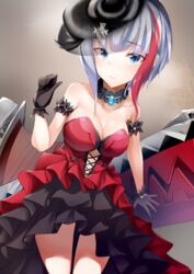  admiral_graf_spee_(azur_lane) alternate_breast_size alternate_costume arm_scrunchie azur_lane bad_hands blue_eyes blue_gemstone blush breasts choker cleavage closed_mouth commentary_request cross dress female flamenco gem gloves hand_up hat hayami_yoichi highres iron_blood_(emblem) iron_cross large_breasts looking_at_viewer machinery multicolored_hair red_dress red_hair rigging short_hair sidelocks smile solo strapless strapless_dress streaked_hair thighs white_hair 