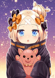  2018 :o abigail_williams_(fate) abigail_williams_(traveling_outfit)_(fate) black_bow black_jacket blonde_hair blue_eyes bow breasts commentary_request crossed_bandaids fate/grand_order fate_(series) female hair_bun hairbow heart highres holding holding_stuffed_toy jacket long_hair long_sleeves looking_at_viewer official_alternate_costume orange_bow parted_bangs parted_lips polka_dot polka_dot_bow round_teeth sasha_chii signature single_hair_bun sleeves_past_fingers sleeves_past_wrists solo sparkle_background stuffed_animal stuffed_toy teddy_bear teeth upper_teeth_only 