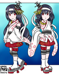  2girls :/ admiral_paru aged_down black_hair commentary detached_sleeves english_commentary fusou_(kancolle) hachimaki hair_ornament headband kantai_collection long_hair looking_at_viewer low_ponytail multiple_girls nontraditional_miko pleated_skirt red_eyes skirt smile v-shaped_eyebrows yamashiro_(kancolle) 