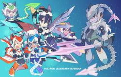  2girls 4boys aka-jishi animal_ears ao-jishi armor black_hair blue_eyes brown_eyes brown_hair colored_skin commentary_request copyright_name dark-skinned_male dark_skin fake_animal_ears fake_tail glasses gun helmet hunk_(voltron) keith_(voltron) ki-jishi kuro-jishi_(golion) lance_(voltron) lion_ears lotor_(voltron) mecha_danshi mecha_musume mechanical_wings midori-jishi miyata_(lhr) multiple_boys multiple_girls open_mouth pidge_gunderson princess_allura purple_eyes purple_skin scar sincline_(mecha) sky smile star_(sky) starry_sky sword tail voltron:_legendary_defender voltron_(series) weapon white_hair wings 