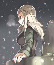  blonde_hair blue_eyes breath chromatic_aberration clara_(girls_und_panzer) commentary_request eiri_(eirri) female girls_und_panzer hatch long_hair military military_uniform pravda_military_uniform snowing solo uniform upper_body 