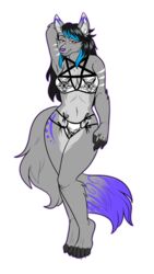  4_toes 5_fingers alpha_channel anthro bikini black_hair blue_hair breasts canid canine canis cleavage clothed clothing eyebrows eyelashes feet female fingers fur grey_body grey_fur hair hand_on_leg hand_on_thigh hi_res inner_ear_fluff inverted_pentagram long_hair looking_at_viewer mammal midriff multicolored_body multicolored_fur multicolored_hair occult_symbol pentagram pink_eyes pose purple_nose simple_background solo swimwear symbol szaris toes tuft two_tone_body two_tone_fur two_tone_hair wide_hips wolf 