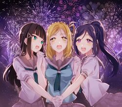  3girls :d aerial_fireworks aqua_eyes black_hair blonde_hair blue_hair blunt_bangs blush braid commentary_request crown_braid fireworks friends girl_sandwich hair_rings holding_hands interlocked_fingers kurosawa_dia long_hair love_live! love_live!_sunshine!! matsuura_kanan mole mole_under_mouth multiple_girls night noka_(blackheart1118) ohara_mari open_mouth ponytail sandwiched school_uniform serafuku short_sleeves sidelocks skirt smile straight_hair tie_clip uranohoshi_school_uniform yellow_eyes 