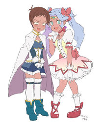  1boy :d blue_eyes blush bow brown_hair cape choker commentary_request cosplay crossdressing dark-skinned_male dark_skin dress facial_mark female gloves grey_hair hairbow kaname_madoka kaname_madoka_(cosplay) kaname_madoka_(magical_girl) kneehighs lance_(voltron) mahou_shoujo_madoka_magica mahou_shoujo_madoka_magica_(anime) miki_sayaka miki_sayaka_(cosplay) miki_sayaka_(magical_girl) miyata_(lhr) oerba_yun_fang open_mouth pleated_skirt pointy_ears princess_allura skirt smile socks sweat thighhighs twintails voltron:_legendary_defender voltron_(series) white_gloves white_legwear 