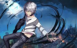  1boy academy_city accelerator_(toaru_majutsu_no_index) albino artist_request black_choker building choker city city_lights cloud cloudy_sky crutch diagonal-striped_shirt diagonal_stripes earbuds earphones energy grin looking_at_viewer magic male_focus moon night night_sky psychic shirt sky smile solo source_request striped_clothes striped_shirt toaru_kagaku_no_accelerator toaru_majutsu_no_index white_hair 