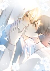  2boys black_hair blonde_hair blue_eyes blush cherry_blossoms commentary_request earrings hood horikawa_kunihiro imminent_kiss jewelry male_focus multiple_boys stud_earrings touken_ranbu ui_(majiwi) yamanbagiri_kunihiro yaoi 