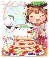  &gt;_&lt; :3 animal_ear_fluff animal_ears banana banana_slice blue_background blueberry blurry bow bowtie brown_hair cat_ears cat_tail chen closed_eyes commentary_request confetti creature depth_of_field female fireworks food fruit happy hat high_collar highres holding ibaraki_natou kiwi_(fruit) kiwi_slice long_sleeves mob_cap mochen multiple_tails oerba_yun_fang open_mouth pancake pancake_stack party_popper plate pocky raspberry red_skirt red_vest shirt short_hair skirt smile solo sparkler standing strawberry streamers table tail touhou upper_body vest whipped_cream white_bow white_bowtie white_shirt 