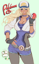  aqua_background belt black_gloves black_pantyhose blonde_hair blue_eyes blush breasts cleavage commentary_request covered_navel female female_protagonist_(pokemon_go) fingerless_gloves gloves gyaru hand_on_own_hip hat holding holding_poke_ball huge_breasts kemunpasu long_hair looking_at_viewer pantyhose photoshop_(medium) poke_ball poke_ball_(basic) pokemon pokemon_go shorts simple_background solo tabe_koji 