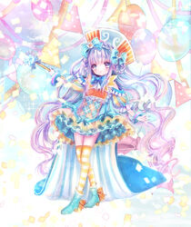  argyle balloon bangle blue_bow blue_bowtie blue_footwear blush boots bow bowtie bracelet braid clothing_cutout commentary_request confetti crossed_legs dress female flower french_braid frills full_body hair_flower hair_ornament hairbow hat highres himemurasaki jewelry layered_skirt lolita_fashion long_hair multicolored_clothes multicolored_hat original over-kneehighs pocketland puffy_sleeves purple_eyes purple_hair ribbon shoulder_cutout skirt solo sparkle standing streamers string_of_flags striped_bow striped_clothes striped_thighhighs thighhighs very_long_hair waist_cape wand wavy_hair 